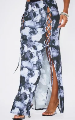 Black Printed Slinky Lace Up Front Maxi Skirt