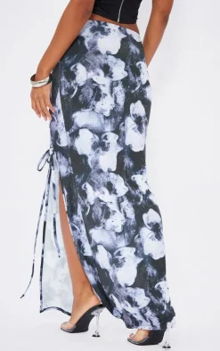 Black Printed Slinky Lace Up Front Maxi Skirt