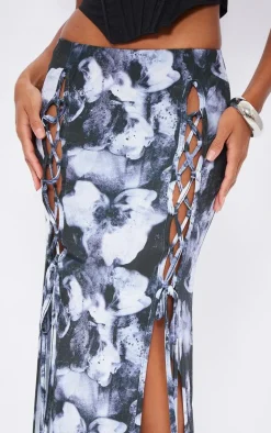 Black Printed Slinky Lace Up Front Maxi Skirt