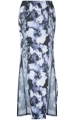 Black Printed Slinky Lace Up Front Maxi Skirt