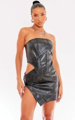 Black PU Bandeau Cut Out Binding Detail Bodycon Dress