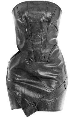 Black PU Bandeau Cut Out Binding Detail Bodycon Dress