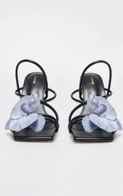 Black PU Blue Flower Strappy Sling Back Heeled Sandals