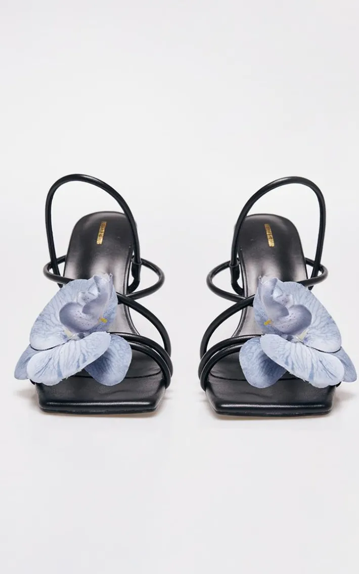 Black PU Blue Flower Strappy Sling Back Heeled Sandals