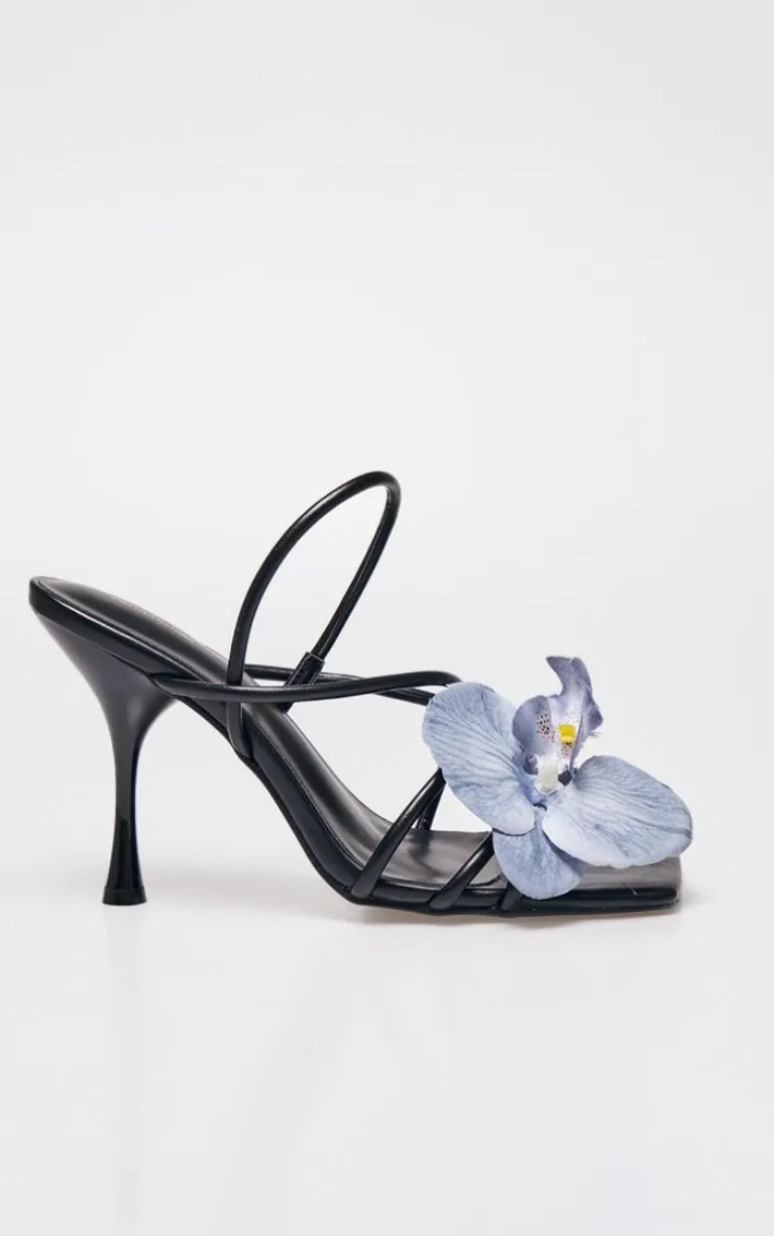 Black PU Blue Flower Strappy Sling Back Heeled Sandals