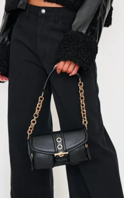 Black PU Buckle Detail Link Handle Shoulder Bag
