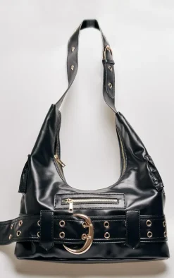 Black Pu Buckle Detail Tote Bag