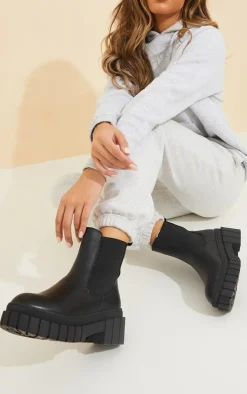 Black PU Cleated Chelsea Ankle Chunky Boots