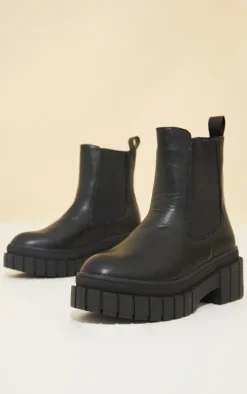 Black PU Cleated Chelsea Ankle Chunky Boots