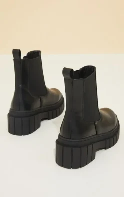 Black PU Cleated Chelsea Ankle Chunky Boots
