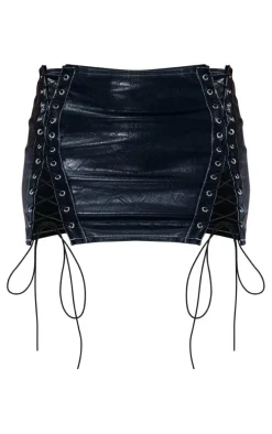 Black PU Contrast Stitch Detail Lace Up Micro Mini Skirt
