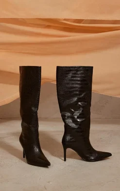 Black PU Croc Detail Point Toe Stiletto Heeled Knee Boots