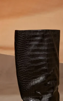 Black PU Croc Detail Point Toe Stiletto Heeled Knee Boots