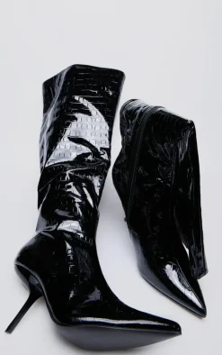 Black Pu Croc Point Toe Slanted Heel Knee High Boots