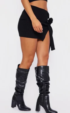 Black Pu Croc Round Toe Ruched Knee High Boots