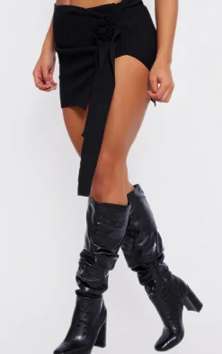 Black Pu Croc Round Toe Ruched Knee High Boots