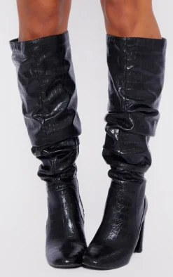 Black Pu Croc Round Toe Ruched Knee High Boots