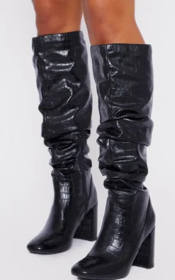Black Pu Croc Round Toe Ruched Knee High Boots
