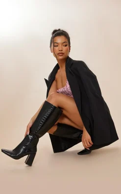 Black Pu Croc Square Toe Knee High Heeled Knee Boots