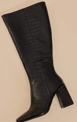 Black Pu Croc Square Toe Knee High Heeled Knee Boots