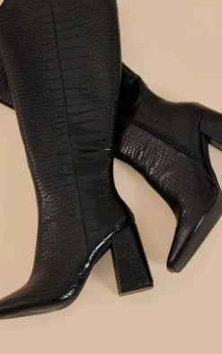 Black Pu Croc Square Toe Knee High Heeled Knee Boots