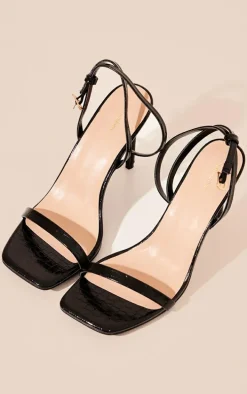 Black Pu Croc Square Toe Barely There Strap High Heeled Sandals