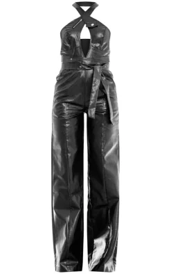 Black Pu Cross Neck Eyelet Detail Belted Jumpsuit