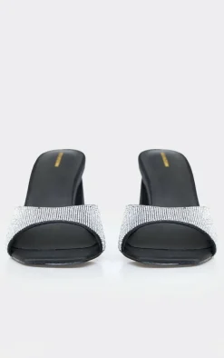 Black PU Diamante Block Heeled Mules