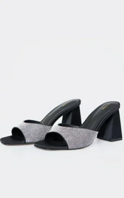 Black PU Diamante Block Heeled Mules