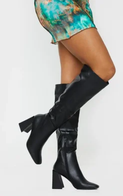 Black PU Flare Block Heel Square Toe Knee High Boots