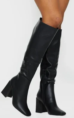 Black PU Flare Block Heel Square Toe Knee High Boots