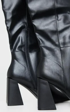 Black PU Flare Block Heel Square Toe Knee High Boots