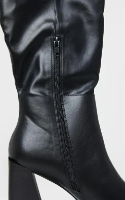 Black PU Flare Block Heel Square Toe Knee High Boots
