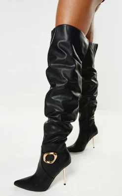 Black PU Gold Buckle Point Toe High Stiletto Over The Knee Boots