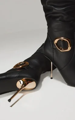 Black PU Gold Buckle Point Toe High Stiletto Over The Knee Boots