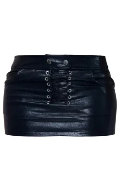 Black PU Lace Up Front Low Rise Micro Mini Skirt