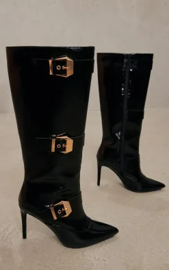 Black PU Patent Point Toe Buckle Knee High Heeled Boots