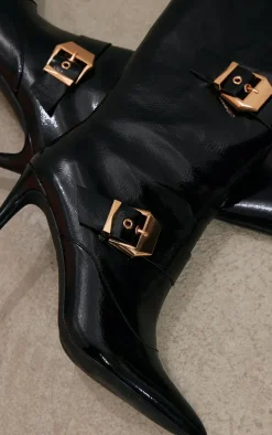 Black PU Patent Point Toe Buckle Knee High Heeled Boots