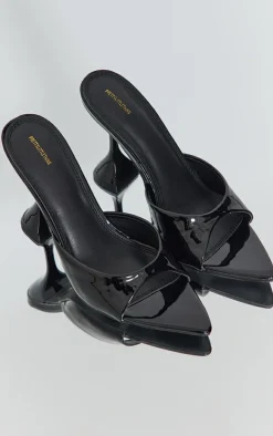 Black Pu Patent Pointed Toe Square Mid Heeled Mules