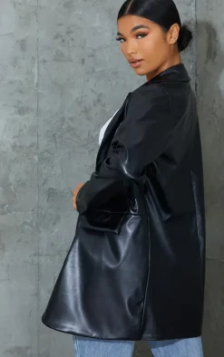 Black PU Pocket Look Double Button Blazer