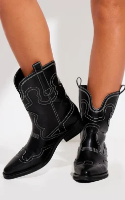 Black PU Point Toe Ankle Western Boots