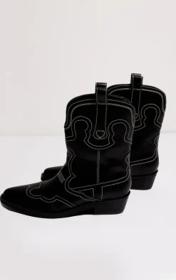 Black PU Point Toe Ankle Western Boots