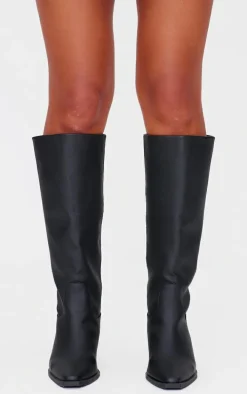Black PU Point Toe Black Heel Western Boots