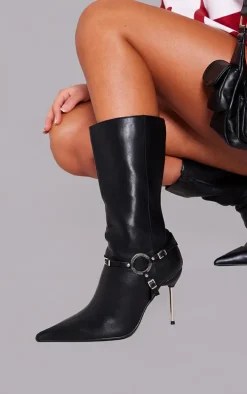Black Pu Point Toe Buckle Strap Calf High Heeled Boots