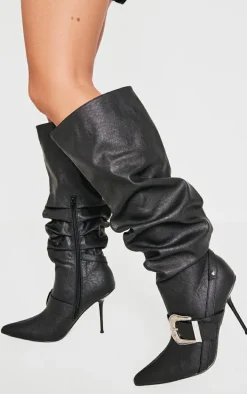 Black Pu Point Toe Buckle Knee High Stiletto Heeled Boots