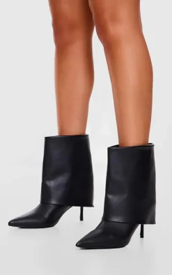 Black PU Point Toe Fold Over Low Heeled Ankle Boots