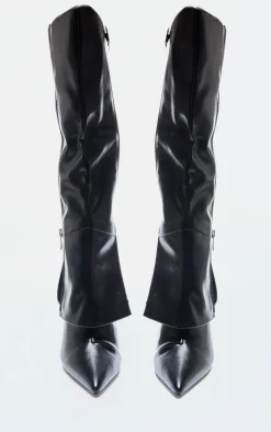 Black PU Point Toe Fold Over Zip Detail High Stiletto Heeled Boots