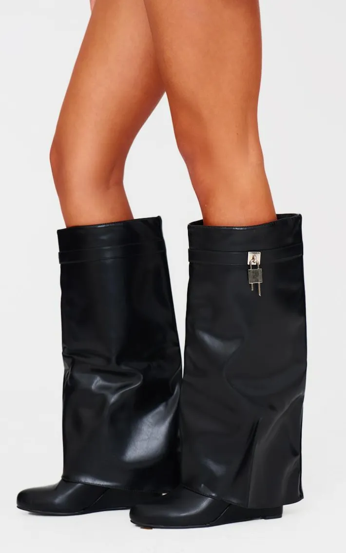 Black PU Point Toe Fold Over Lock Charm Wedge Heeled Knee Boots