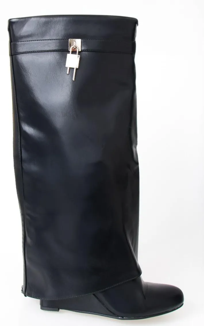 Black PU Point Toe Fold Over Lock Charm Wedge Heeled Knee Boots