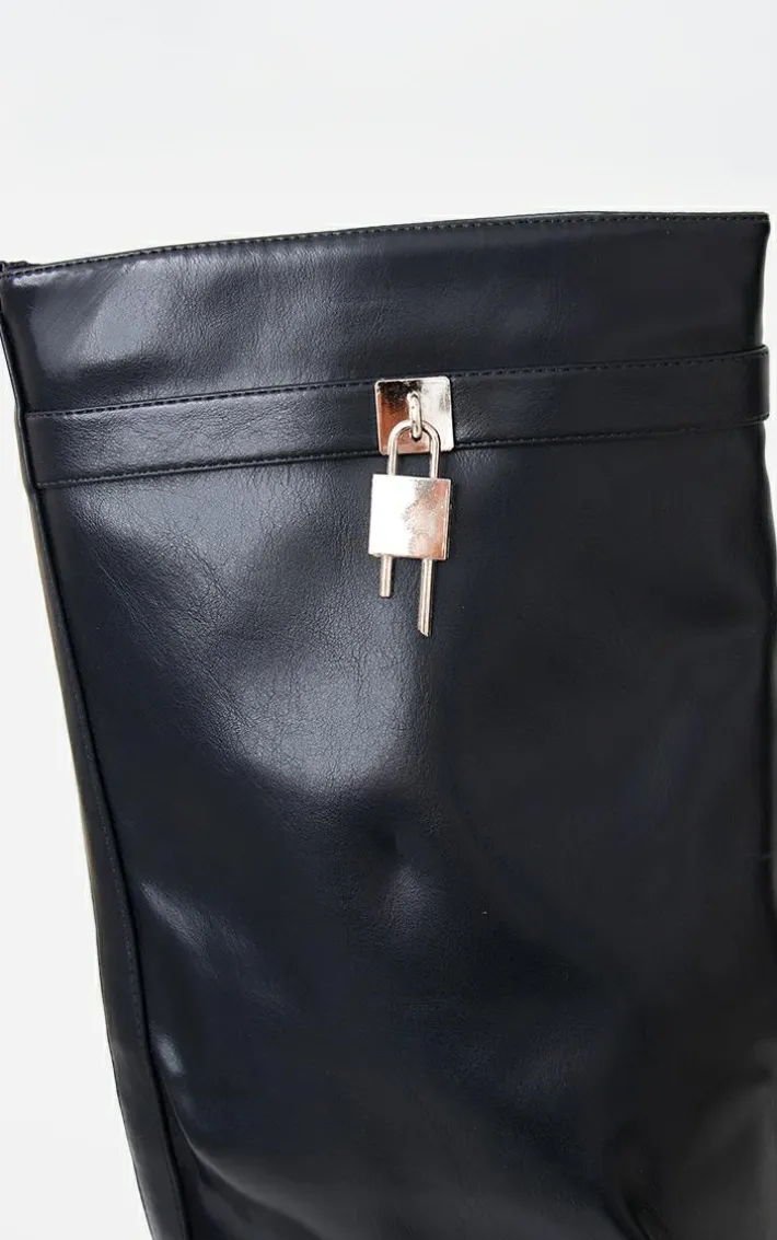 Black PU Point Toe Fold Over Lock Charm Wedge Heeled Knee Boots